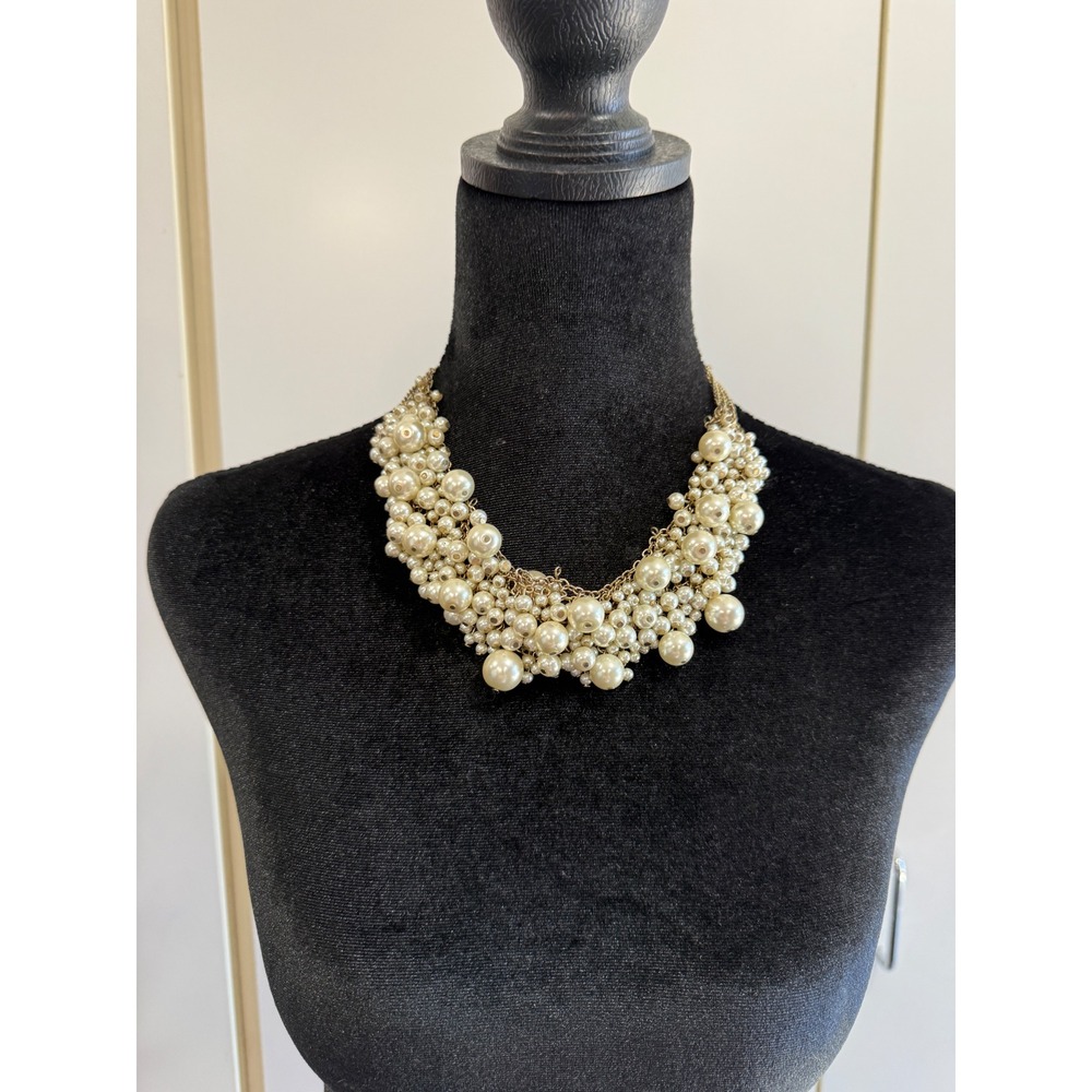 Faux Pearl Cluster Bib Statement Necklace Gold Tone Multi Strand Chain